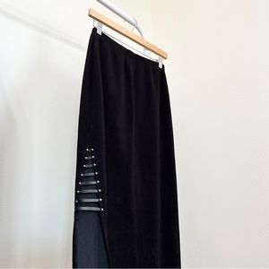 Vintage 90s Black Women’s Maxi Skirt High Slit Leather Details